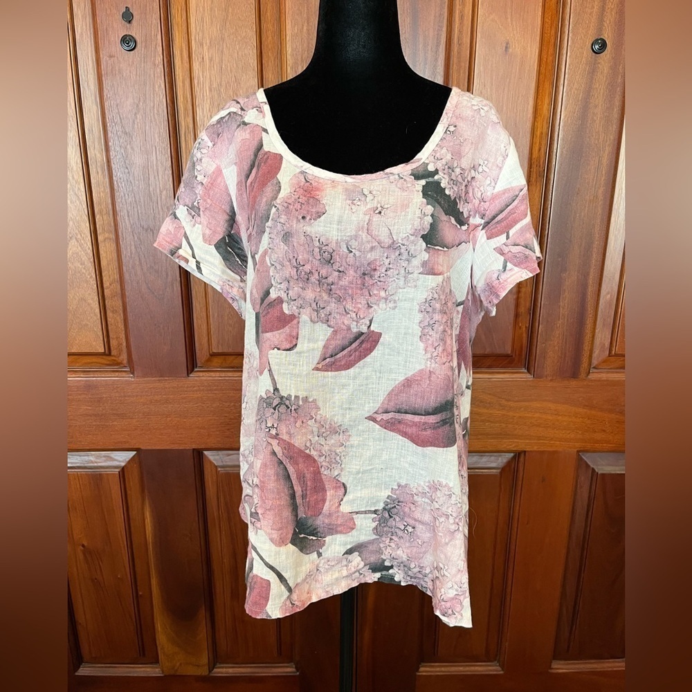 FLAX Linen Short Sleeve Swing Top S Pink Floral Hydrangea Lagenlook Boho Women